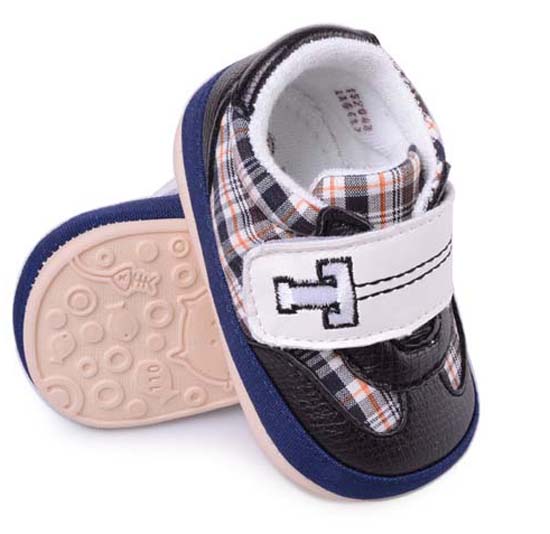 天使之嬰格子布透透氣PU嬰兒學(xué)步鞋黑色