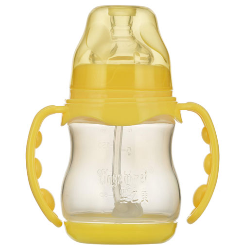 嬰之美寬口雙耳自動(dòng)圓弧PP奶瓶帶底180ML黃色