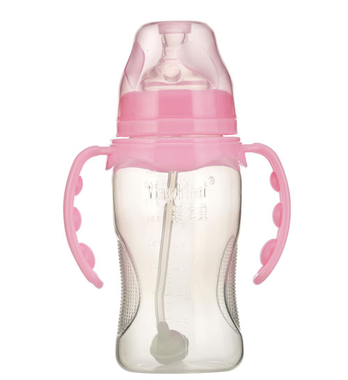嬰之美寬口雙耳自動弧形PP奶瓶270ML粉色