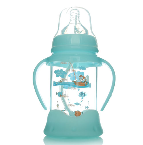 優(yōu)冠寶貝防摔寬口帶柄自動玻璃奶瓶240ml藍色