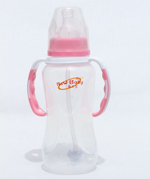 新兒寶粉白色標(biāo)口240ml雙色雙耳自動(dòng)菱腰形PP奶瓶