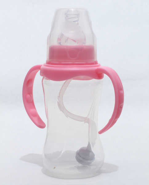 新兒寶粉紅色標(biāo)口150ml雙耳自動(dòng)菱腰形PP奶瓶