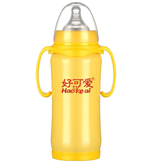 好可愛寬口自動(dòng)吸管手柄弧形不銹鋼奶瓶300ML