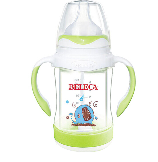 貝樂嘉包膠手柄兩用防爆奶瓶綠色