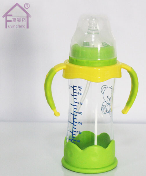 富嬰坊帶手柄寬口高硼硅玻璃奶瓶綠色