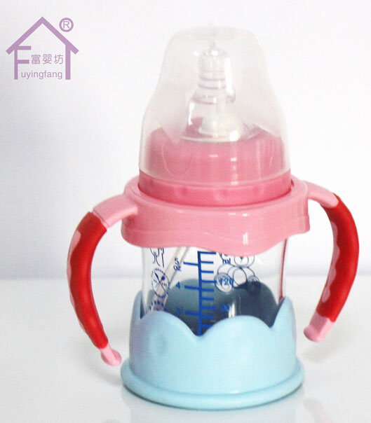 富嬰坊帶手柄寬口高硼硅玻璃奶瓶紅色