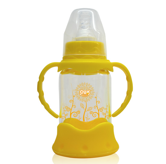 貝嬰奇120m防爆感溫標口晶鉆玻璃奶瓶-黃色