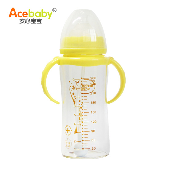 安心寶寶260ml寬口徑雙耳自動(dòng)高硼硅玻璃奶瓶黃色帶蓋