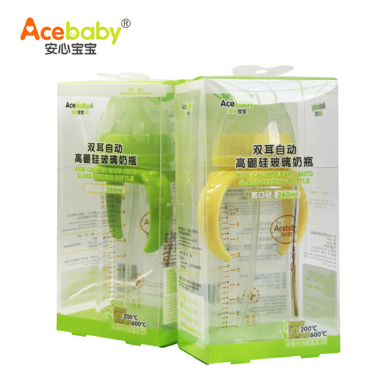安心寶寶260ml寬口徑雙耳自動高硼硅玻璃奶瓶黃色綠色盒裝