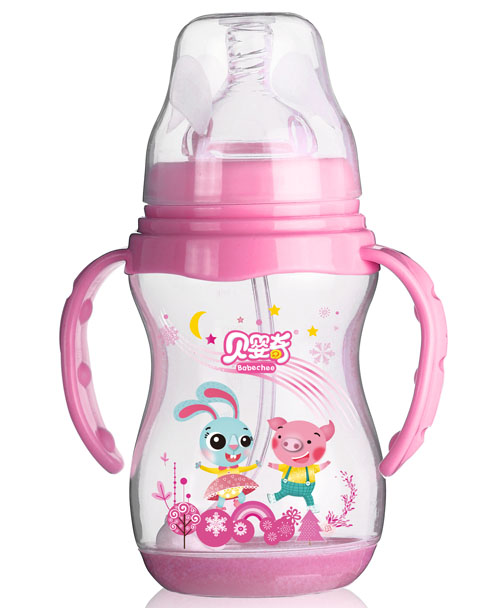 貝嬰奇240ml寬口帶感溫底座奶瓶淺粉色