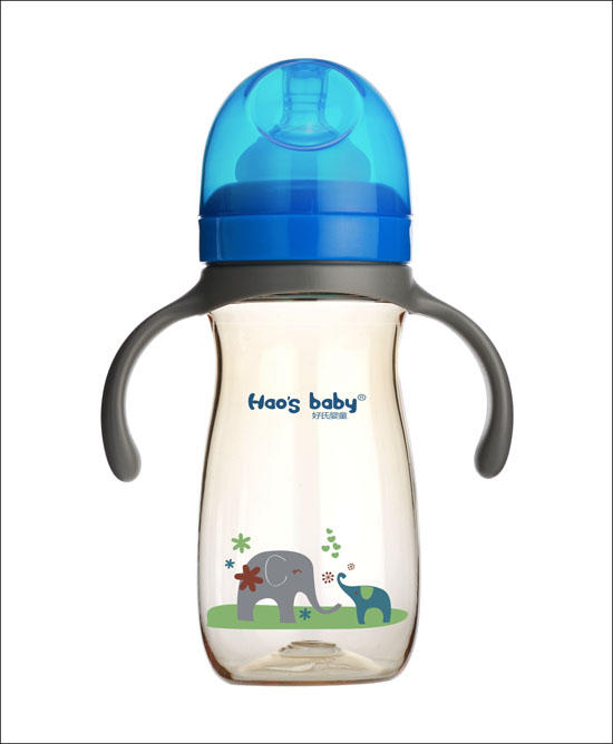 好氏嬰童小象印花藍(lán)色雙柄奶瓶(中)