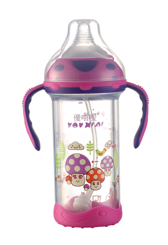 優(yōu)嘻噯炫彩防爆寬口晶鉆玻璃奶瓶240ML紅色