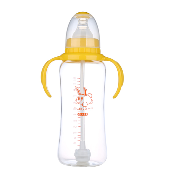 丘比兔玻璃標準口徑葫蘆型自動把手奶瓶280ML黃色