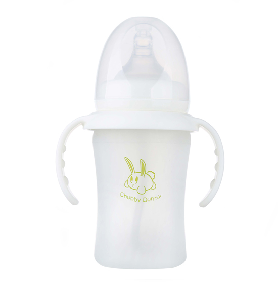 丘比兔寬口徑硅膠自動(dòng)把手奶瓶白色
