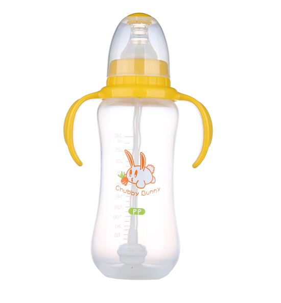 丘比兔PP標(biāo)準口徑葫蘆型自動把手奶瓶240ML黃色