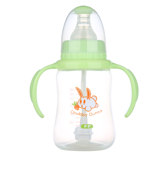 丘比兔PP標(biāo)準(zhǔn)口徑葫蘆型自動(dòng)把手奶瓶140ML綠色