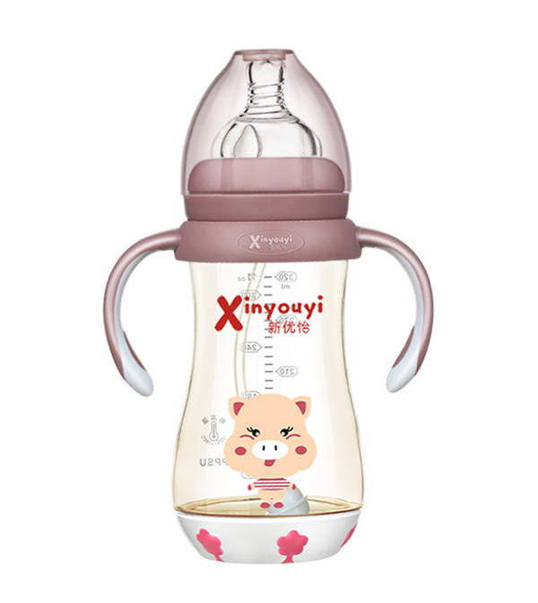 新優(yōu)怡寬口弧形帶底座有柄自動ppsu奶瓶300ml 咖色