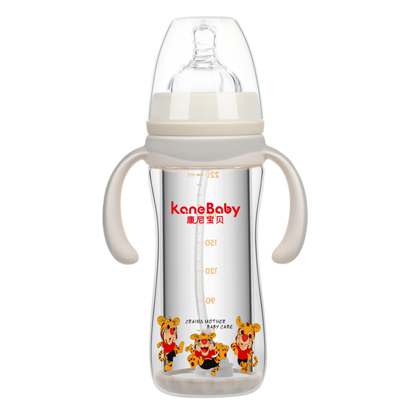 康尼寶貝弧形寬口有柄自動(dòng)防爆玻璃奶瓶220ml 灰色