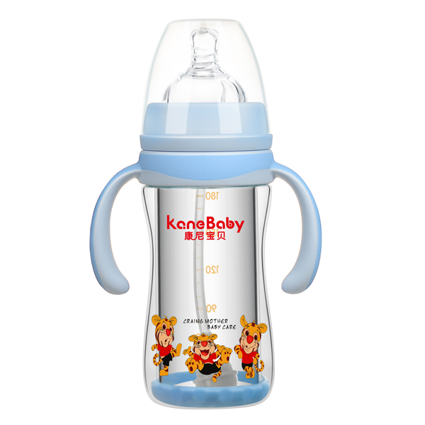 康尼寶貝弧形寬口有柄自動(dòng)防爆玻璃奶瓶180ml 藍(lán)色