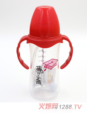 博士小帽PP有柄自然親子寬口自動奶瓶300ml紅色