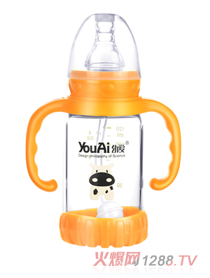 幼愛帶柄自動(dòng)吸防摔感溫晶鉆玻璃標(biāo)口奶瓶120ml