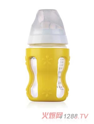 清素250ml寬口玻璃奶瓶（帶保護(hù)套+中流量奶嘴）-黃色