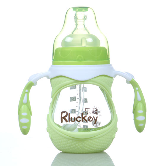 樂(lè)起180ml防摔玻璃奶瓶綠色帶柄