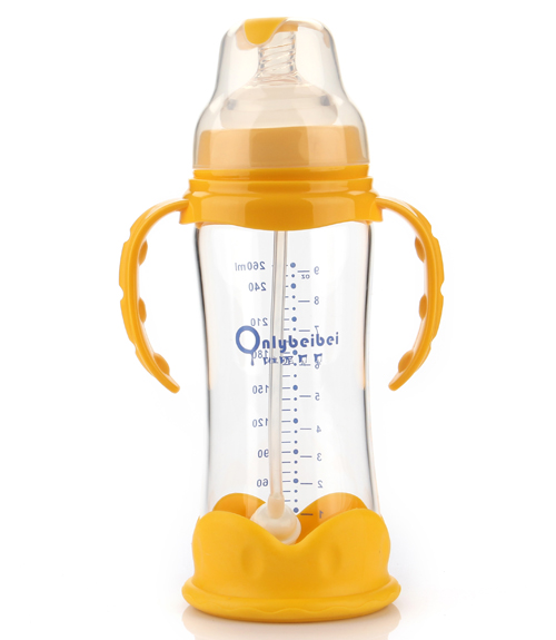 唯昵寬口標口防摔玻璃奶瓶260ml黃色